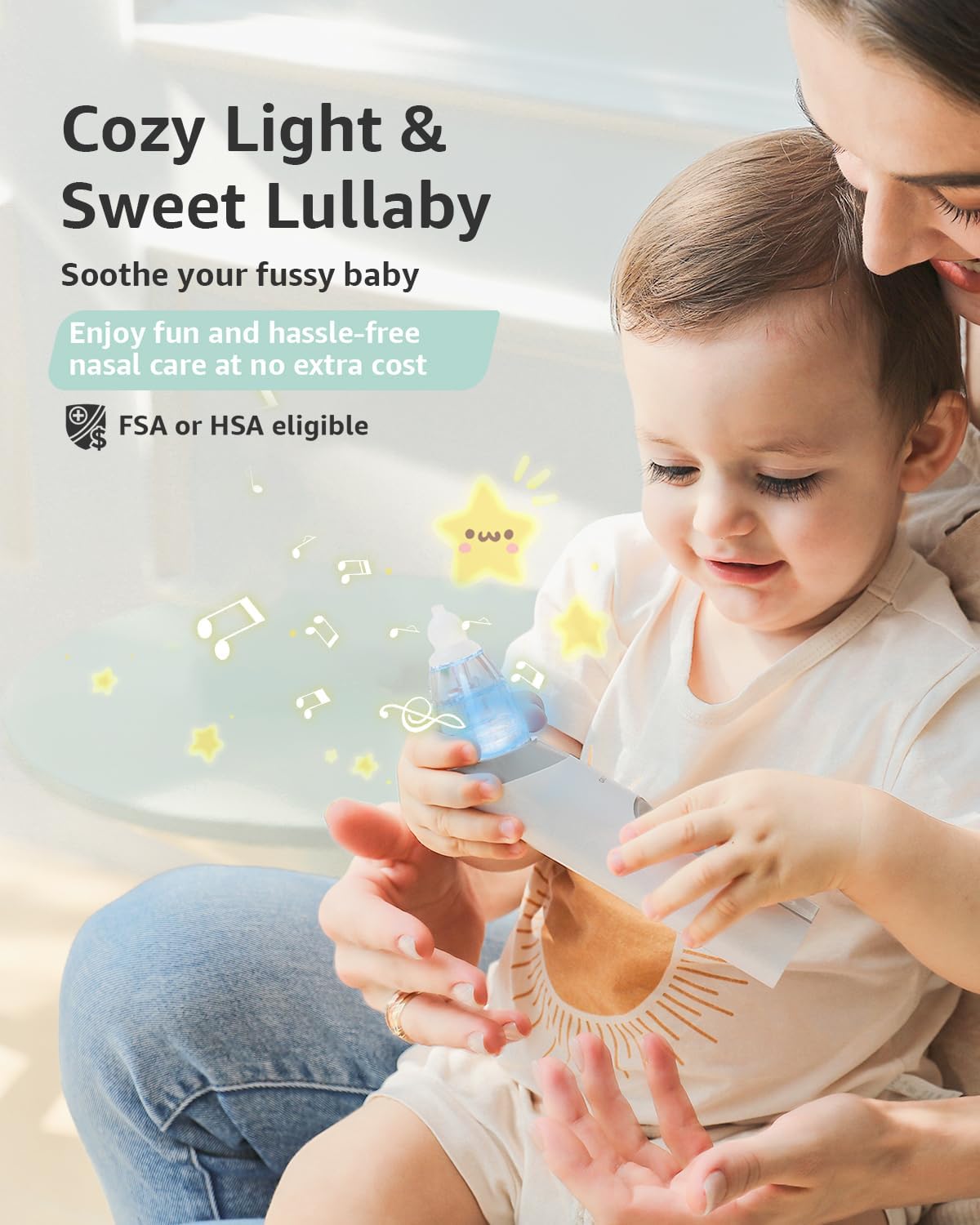 Baby Nasal Aspirator with 3 Silicone Tips, Adjustable Suction & Soothing Music & Light